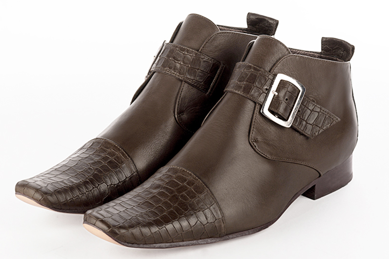 Dark brown dress booties for men. Square toe. Flat leather soles - Florence KOOIJMAN